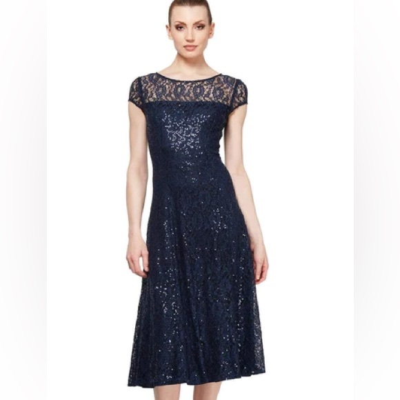 SLNY Dresses & Skirts - SLNY Tea Length Sequin Lace Dress Navy Sz 12P NEW NWT